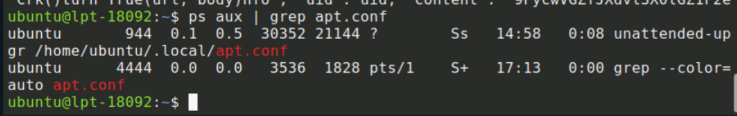ps aux confirming unattended-upgr /home/ubuntu/.local/apt.conf running